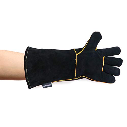 Animal Handling Gloves Bite Proof Reinforced Leather for Dog Training Cat Scratch Falcon Reptile Grabbing Snake - color: Black