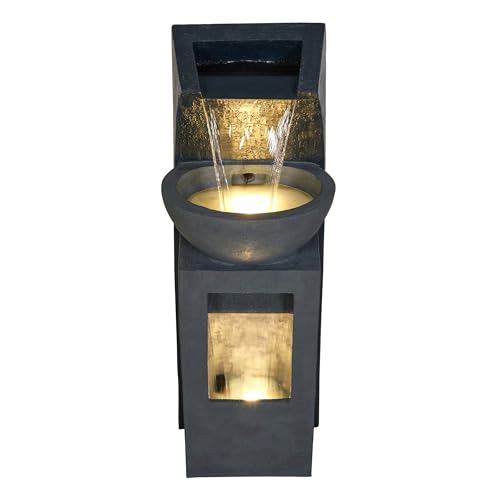 Alpine Corporation 41" Tall Outdoor Basin Waterfall Floor Fountain with LED Lights for Garden, Patio, Lawn and Backyard Decor, Gray - style: 41"H - Basin Fountain w/ LEDs