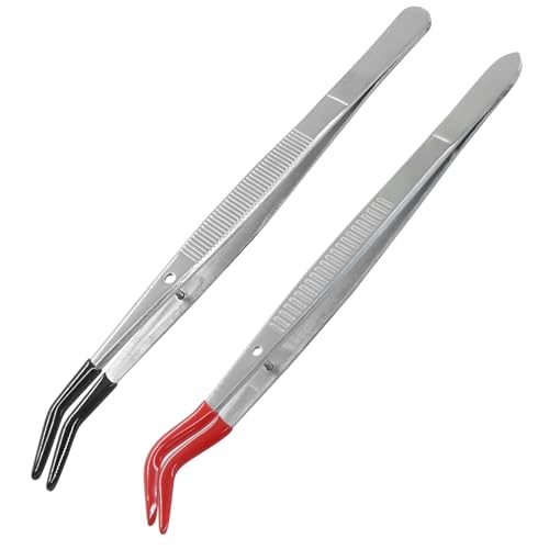 2 Pack Curved Tweezers, Silicone Rubber Bent Tip PVC Coated Soft Tip Tweezers, Non Marring Stainless Steel Tools for Jewelry Crafts/Electronics