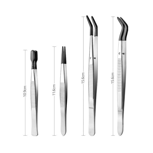 4 Pcs Stainless Steel Tweezers with Rubber Tips Precision Flat Bent Tip Tweezers Jewelry Making Tools Reptile Feeding Accessories for Lab Work