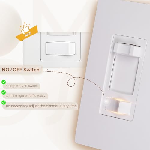 MOES Dimmer Light Switches 10pcs, 3 Way & Single Pole Dimmable Switch for LED,CFL,Incandescent,Halogen, 600Watt Max, ON/Off Switch with Dimming Slide, No Neutral Wire Required - color: White, size: 10 Pack No Cover