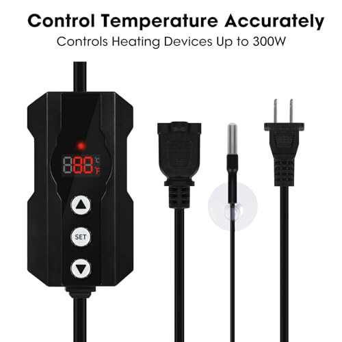 Reptile Dimming Thermostat, Temperature Controller, 300W, Extend Bulb Life, Ideal for Use with Heat Lamp, Digital Thermostat for Reptiles Tank, Designed Specifically for Light-Emitting Heater
