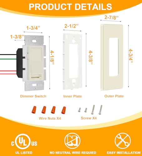 CLOUDY BAY in Wall Dimmer Switch for LED Light/CFL/Incandescent,3-Way Single Pole Dimmable Slide,600W max Incandescent,150W max Dimmable LED/CFL, Cover Plate Included,Almond,2 Pack - size: 2-Pack | Almond