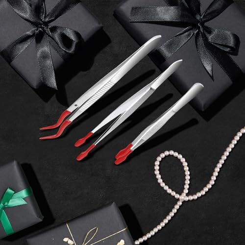 3PCS Tip Tweezers, Silicone Rubber Flat Tipped Tweezers Bent Tip for Jewelry Coin Stamp (Red) - color: Red