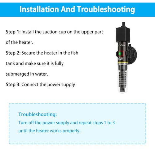 DaToo Mini Aquarium Heater 50W Small Fish Tank Heater 50 Watt with Free Thermometer Sticker - size: 50W