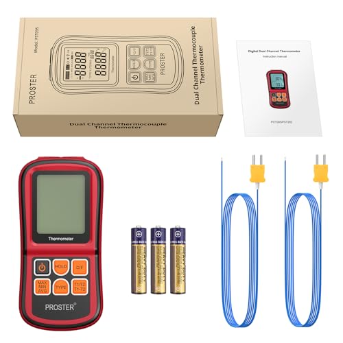 Proster Digital Thermocouple Temperature Thermometer Dual Channel - with Two K-Type Thermocouple Probe, Backlight LCD Thermometer for K J T E R S N Type