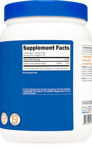 Nutricost Calcium Citrate Powder (500 Grams) (Unflavored) - Pure Calcium Citrate, No Fillers, Gluten Free (1.1lbs) - size: 17.64 Ounce (Pack of 1)