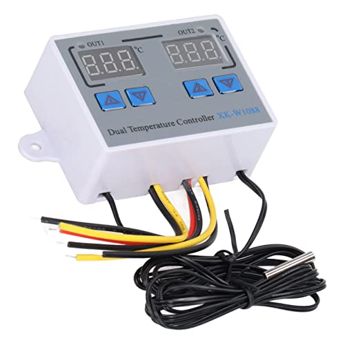 Dual Display Temperature Humidity Controller, Digital Thermostat Switch with 10K Sensor, Heating Cooling Thermostat for Greenhouse Reptile Tank, 12V Input Wide Range - 50℃ to