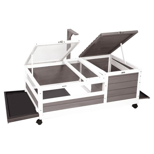 Tortoise Habitat Tank Indoor Outdoor, Wooden Tortoise House with Wheels, 2-Room Reptile Turtle Enclosure Cage for Small Animals, Lamp Holder, Leakproof Tray, Grey - size: 39.0"L x 23.0"W x 14.0"H