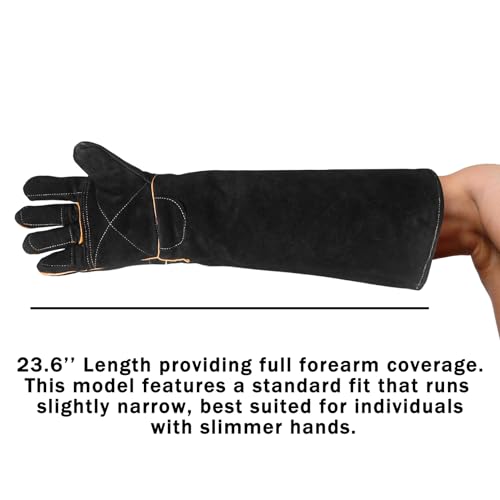 Luwint Bite Resistant Gloves, 23.5’’L Double Leather Animal Handling Gauntlets with Reinforced Fingers, for Dog Training Snake Hunting Falconry Reptile Vet, Black