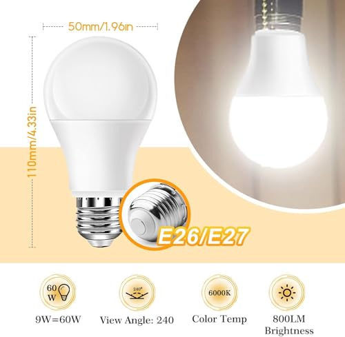 Full Spectrum Light Bulb, 6000K Natural Sunlight Bulbs, 9W 60W Equivalent LED Light Bulb, Natural Light Bulbs A19, E26/E27 LED Light Bulbs for Home, 6 Pack - color: 6000k Daylight, size: 6 Count (Pack of 1)