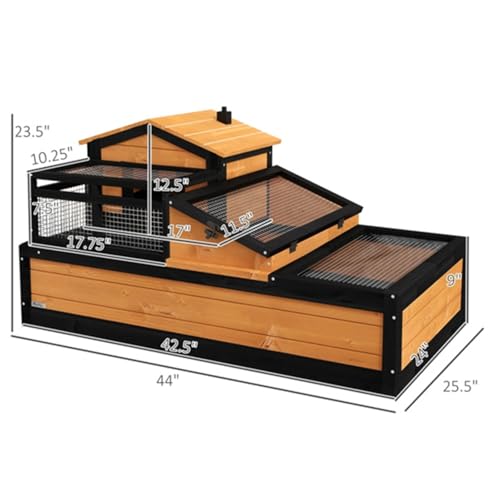 Wooden Turtle House, Small Animal Cage, Small Animal House, Pet Supplies, Mesh Roof, Three Separate Areas, Two Levels, Indoor/Outdoor Use, Openable Roof, Pull-Out Tray, Yellow