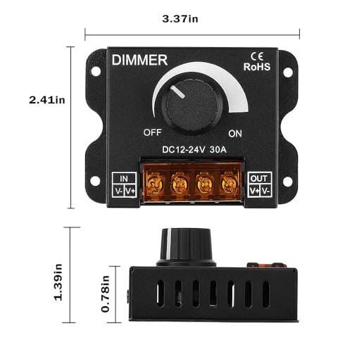 LED Strip Light Dimmer, DC 12-24V 30A PWM Knob Dimmer for Single Color LED Strip Lights, Wall Mounted, Black (1 Pack)