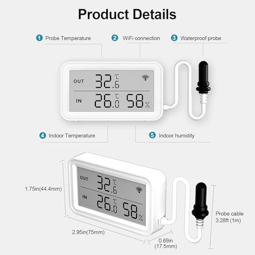 eMylo WiFi Thermometer Hygrometer, Digital Room Temperature Humidity Monitor Sensor with Probe, App Alert, LCD Display, Free Data Storage Export, for Home Kitchen Fridge Fish Tank Aquarium Reptile Tub