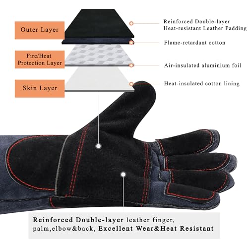 RAPICCA Fireplace Fire Pit Gloves, 932°F Fireproof Leather, 16in Dark Grey | For Wood Stove, Campfire, Charcoal, Cast Iron, BBQ Grill, Oven, Stick & MIG Welding, Forge, Dry Ice - color: Dark-grey(length 16in)
