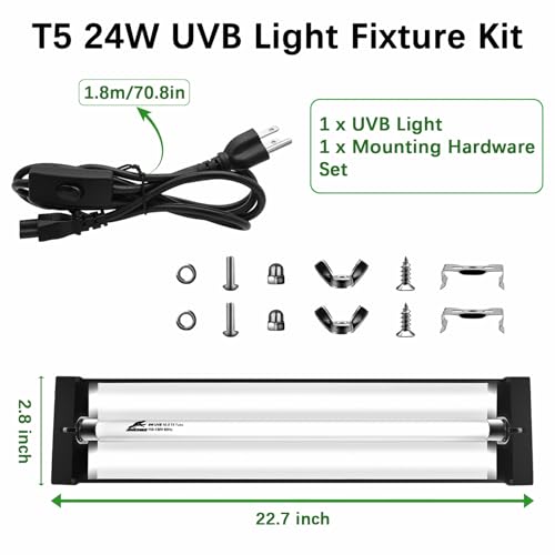 T5 10.0 UVB Reptile Light Fixture Combo Kit, 24W High Output UVA UVB Light with Upgraded Wider Alloy Reflector for Bearded Dragons Lizards Tortoises and Other Desert or Tropical Reptiles (22.7Inch) - size: 22.7Inch