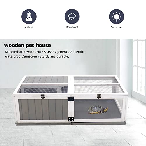 CIATRE Tortoise Habitat Wooden Tortoise House Tray Indoor Turtle Enclosure for Small Animals Outdoor Wooden Reptile Cage with PVC Trays, Acrylic Enclosure, 2-Room Design, Safe and Durable Construction