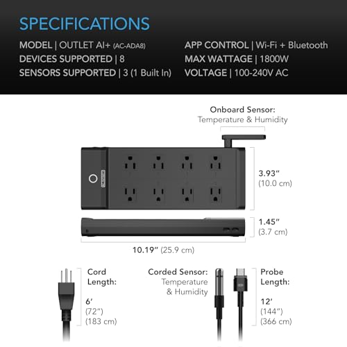 AC Infinity Outlet AI+, Environment Controller, Smart WiFi Power Strip, Dual-Zone Temperature Humidity, Individual Control 8 Plugs, AI Targeting, Thermostat Greenhouse Aquarium Terrarium Home, 1800W - style: 8 Plugs