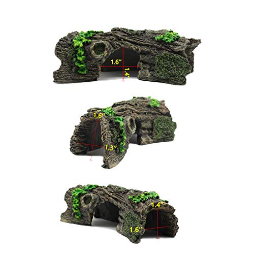 2PCS Small Aquarium Trunk Decoration Hollow Tree Trunk Hideout Log Hideaway Fish Tank Resin Wood Ornament Reptile Habitat Cave for Fish and Shrimp to Swim(6.7X 3.3 x 3'')