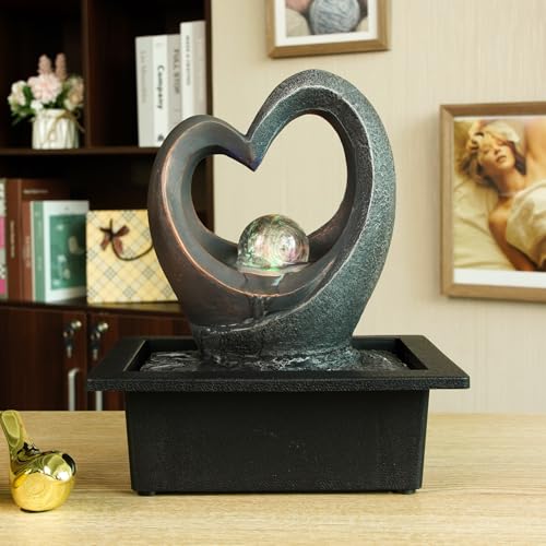 Indoor Tabletop Water Fountain, Zen Meditation Waterfall Fountain with ON/Off Switch, Heart Shape Decoration with LED Light for Home Office Relaxation Decor - size: B