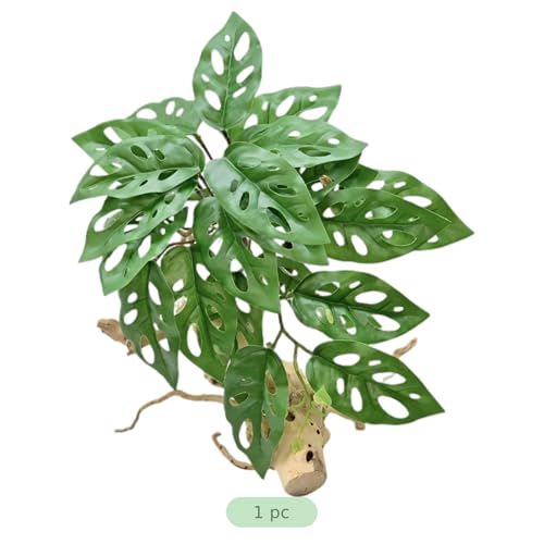 Artificial Green Foliage Plant, 6.7 x 9.1 in Fake Tropical Leaves with Realistic Wood Trunk, 23 Textured, Stable Base, for Reptile Terrariums & Home Decor