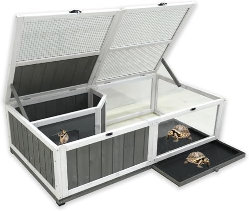 Tortoise Enclosure Outdoor Indoor Wooden Large Tortoises Habitat Box Turtle Habitat Tortoise House Bunny Rabbit Snake Hamster Reptile Terrarium Cage with Tray for Small Animals and Reptile, Grey