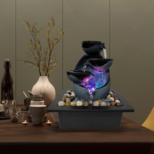 Tabletop Water Fountain with LED Lights, Indoor Resin Waterfall Fountain for Desk Office Home Decor, Zen Meditation Relaxation Feature with ON/Off Switch and Pebbles - size: A