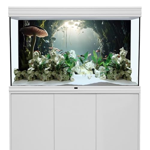 AWERT 24x16 inches Aquarium Background Foggy Stone Mushroom Moss Terrarium Background Polyester Green Plants Cave Fish Tank Background - size: 24x16in/60x40cm