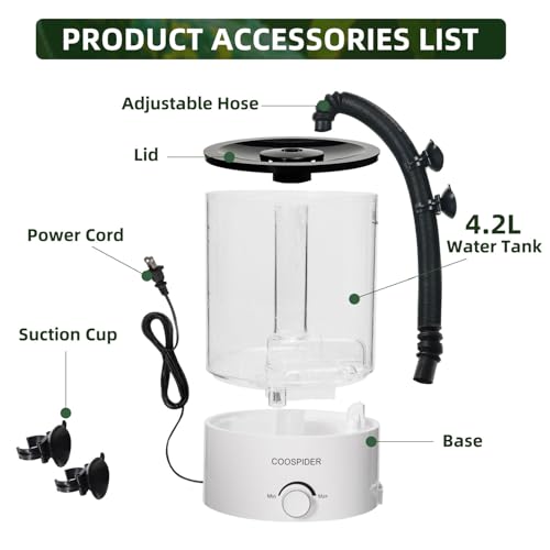 Coospider 4.2L Top Fill Reptile Humidifier, Fogger Mister for Reptiles Tank, Terrariums Humidifiers with Extended Hose/Tube, Reptile Misting System for Reptiles Amphibians Herps Vivarium - size: 4.2 liters