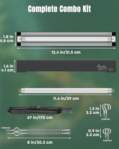 Pawfly T5 Reptile Light Combo Kit with 2 UVB Tubes, 10.0 UVB Light Fixture with Terrarium Hood and 8W Light Tubes for Bearded Dragon, Desert & Tropical Terrariums