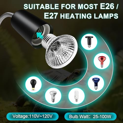 Reptile Heat Lamp Turtle Light - Long Lasting Ceramic Socket Basking Lamp with Auto Timer & Dimmer, 2 E27 Bulbs (25W & 50W) with UVB Support & Test Card for Turtles, Tortoises, Bearded Dragons, Geckos