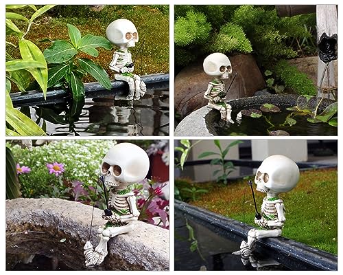 DS. DISTINCTIVE STYLE Style Fishing Skeleton Statue 4.5 Inch Mini Skull Figurines Halloween Gothic Decor Resin Cute Skull Fisher Sculpture for Outdoor Garden Pond Fountain Poolside