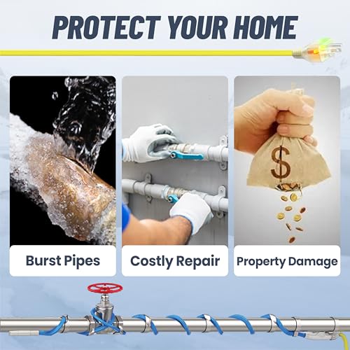 9 Ft Upgraded Dual-Indicators Heat Tape for Water Pipes, YeloDeer Self-Regulating Heat Trace with Thermostat, Heating Cable with Extra End Seals for Metal and Plastic Pipes 120V - style: 9-feet