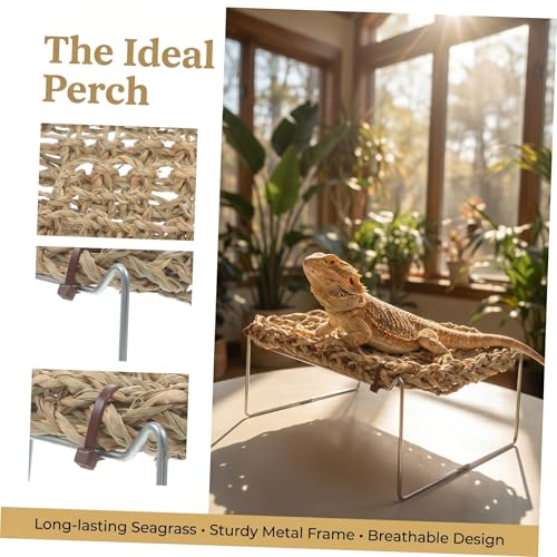 Kichvoe Hammock and Metal Legs Reptile Lounger Rectangle Bearded Dragon with Khaki Seagrass Bed Comfortable Wear-Resistant Basking Platform for Leopard Gecko Hermit Crab Tank Habitat