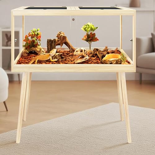 PROLEE Bearded Dragon Tank with Leg Stand 34 Gallons, Wooden Lizard Tank,Reptile Tank with Metal Mesh Roof Door, Acrylic Panel Snake Tank with Lock Design (Oak, 32"x16"x16") - color: Oak, size: 32"x16"x16"