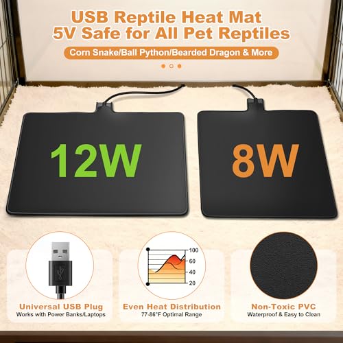 USB Reptile Heat Pad, 8"X8" 12W Heat Mat for Reptiles, Reptile Heating Pad Under Tank Terrarium Heating Mat Waterproof for Plants, Seeds, Lizard, Snake, Turtle, Hermit Crab - size: 12W