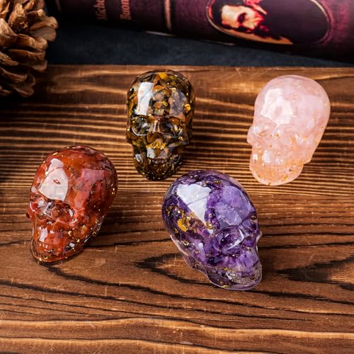 4 PCS Natural Crystal Skulls Halloween Realistic Looking Skulls Human Skeleton Head for Halloween Bar Home Table Decoration Gift (4-PCS-1)
