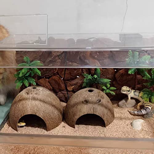 Hamiledyi Reptile Hideouts Natural Coconut Shells Hut Hermit Crab Climbing Toys Gecko Hide Cave Lizard Habitat Decor Plant Leaves Decoration for Spider Snake Chameleon (4Pcs)