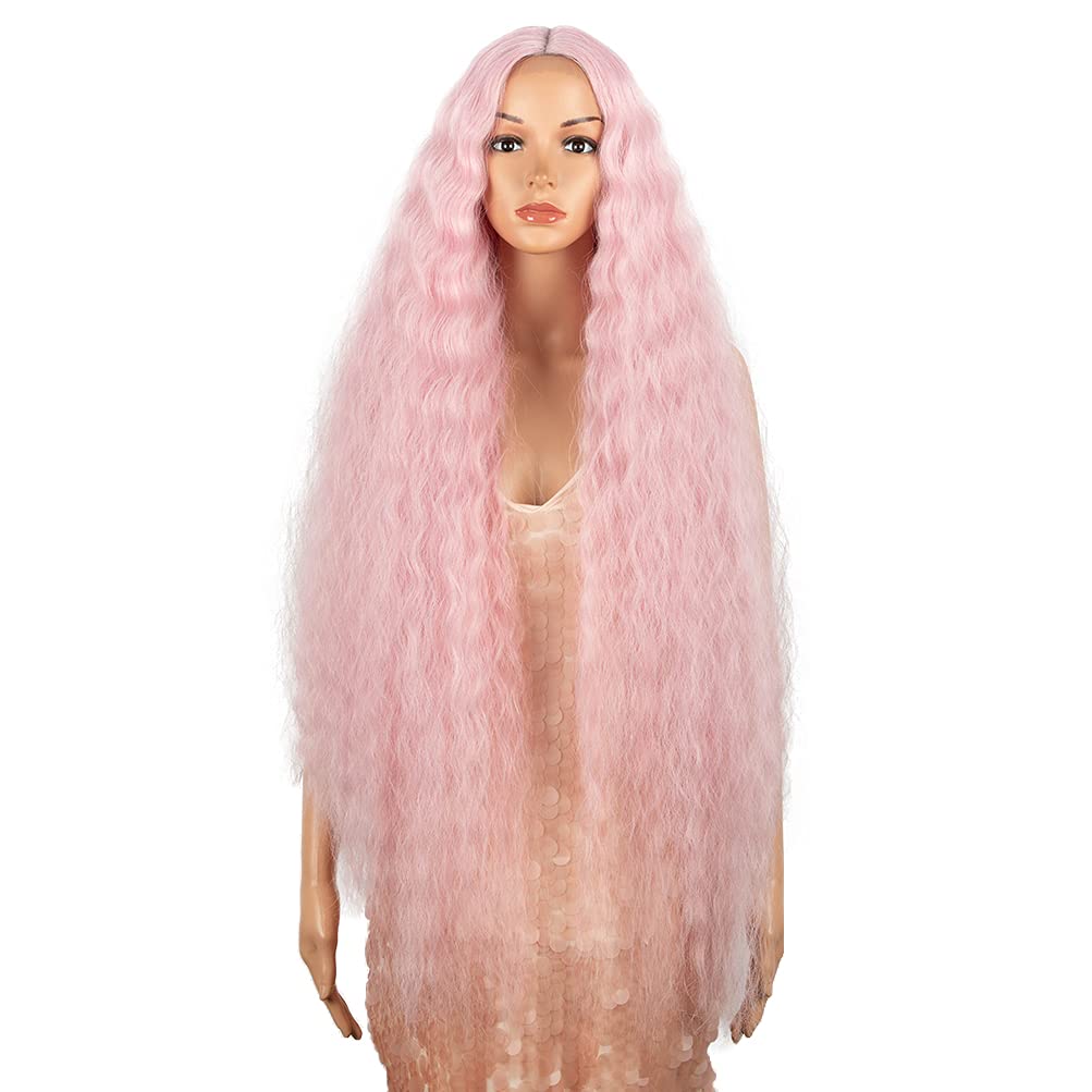 Style Icon 41'' Lace Front Wigs Long Wavy Synthetic Wigs With Baby Hair Half Hand Tied 130% Density Wigs (41 Inches, Pink15)