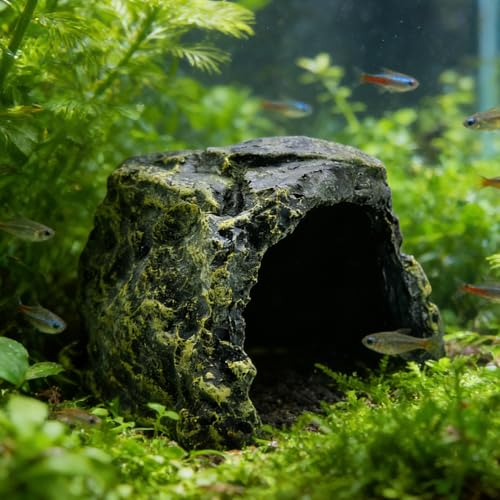 M2cbridge Aquarium Fish Hide Cave Reptile Hideout Cave Terrarium Amphibians Habitat Decor(Black Rock+ Water Dish) - style: Black Rock+ Water Dish