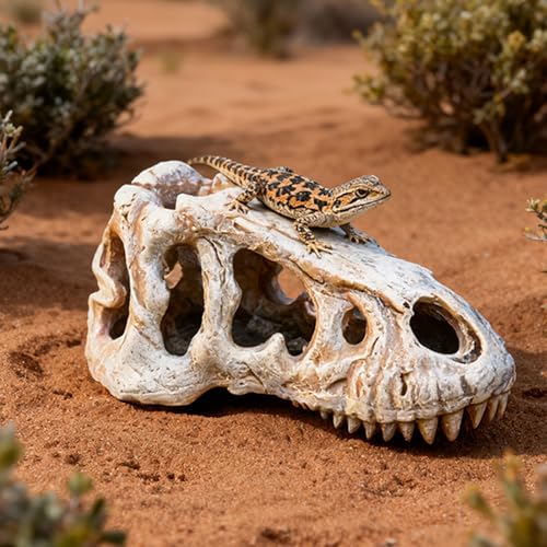 Dinosaur Skull Reptile Basking Platform, Resin Fish Tank & Terrarium Decor for Bearded Dragons, Lizards, Geckos - Aquarium Decor, Tarantula Hide Cave
