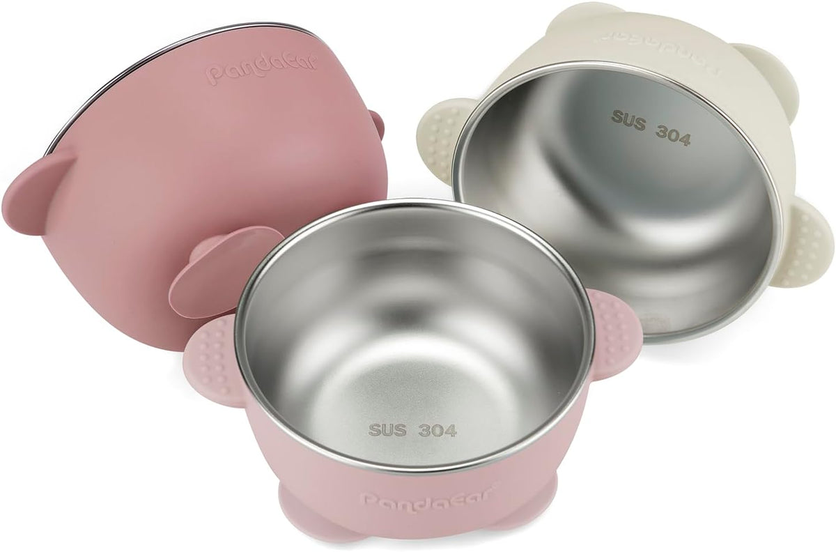 PandaEar 3 Pack Stainless Steel Baby Suction Bowls, Non-Slip Child Food Bowl with Silicone Sleeve for Kids Toddlers Infants, Unbreakable & Mess Free (Blue Green Beige)