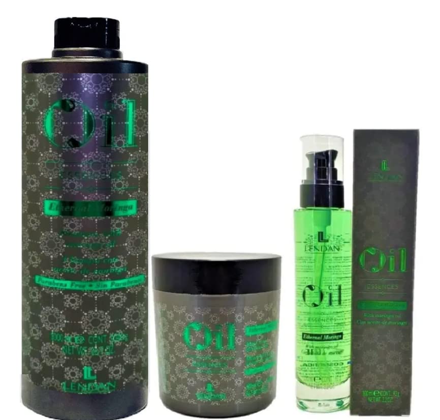 Lendan Moringa Oil Shampoo Kit, Hydration & Repair, Anti-Age, Paraben Free, 33.0 Fl Oz (1 L Shampoo, 0.1 L Oil, 0.5 L Mask), Woo