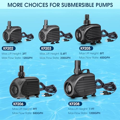 NFESOLAR Submersible Pump, 400GPH Ultra Quiet Submersible Water Pump with Dry Burning Protection 8ft High Lift for Fountains, Hydroponics, Ponds, Aquariums & More KF205 - size: 400GPH