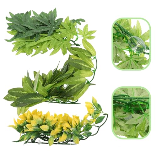 DOITOOL 3pcs Reptile Tank Decorative Artificial Plants with Suction Cups, Lifelike Fake Leaves Ornament Set for Terrarium Environment Decoration