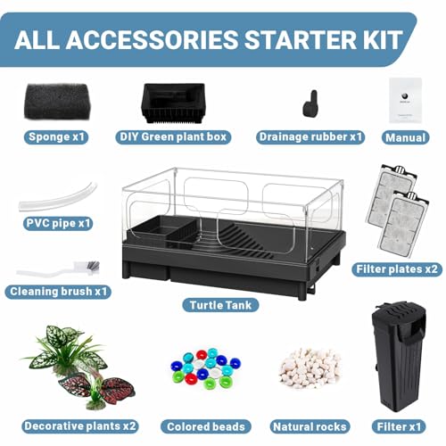 GOZILLA Small Turtle Tank Kit(Tank+Lamp+Filter), Acrylic Turtle Starter Kit with Adjustable Lamp, Reptile Habitat and Terrarium with Multi-Functional Areas for Small Reptiles. (Black Kit)