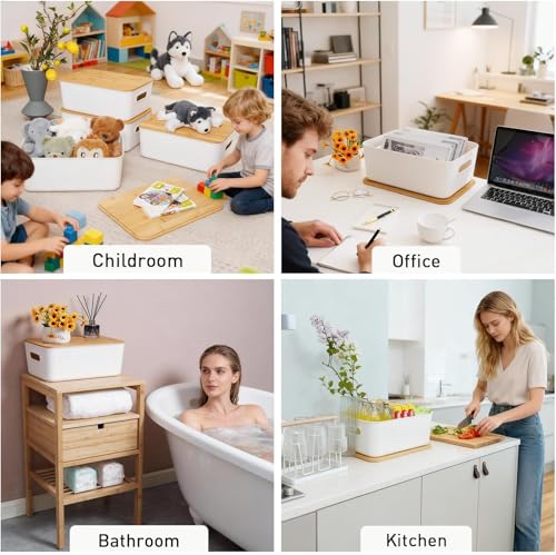 Citylife Storage Bins with Bamboo Lids 16QT Plastic Storage Containers Stackable Organizer Boxes with Handle for Desk Snacks, Toys, 2 PCS, 15" L x 10.6" W x5.8 H - size: Large, style: 2 Pack