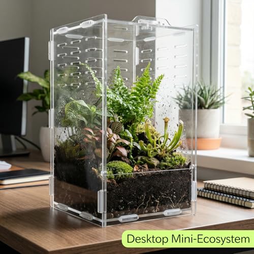 9.8 Inch Jumping Spider Enclosure, Desktop Micro Terrarium, Breeding Box, 360° Clear Acrylic Insect Habitat, 3-Side Ventilation, Easy Assembly, for Mantis, Tarantula, Snail, Small Reptiles, Plants