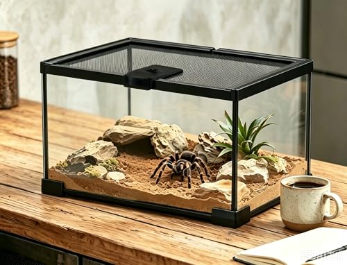 Small Reptile Glass Terrarium Tank: 2.5 Gallon Tarantula Enclosure with Lockable Top Opening Mesh Lid - 360°Full View Spider Enclosure for Hermit Crab, Gecko, Lizard, Snake, Millipede (12"x8"x6") - color: Glass, size: 12x8x6