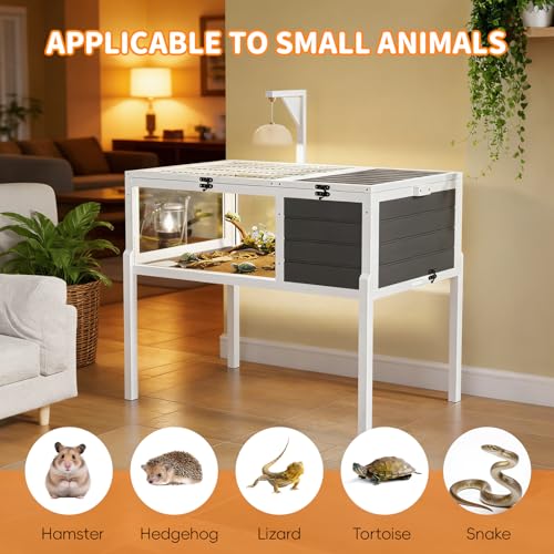 Reptile Habitat Tortoise House with Lamp Holder, Large Observation Window, 2 Waterproof Tray, Detachable Legs, Easy to Clean Wooden Enclosure for Turtles, Lizards, Geckos, and Small Pets Indoor Outdoo